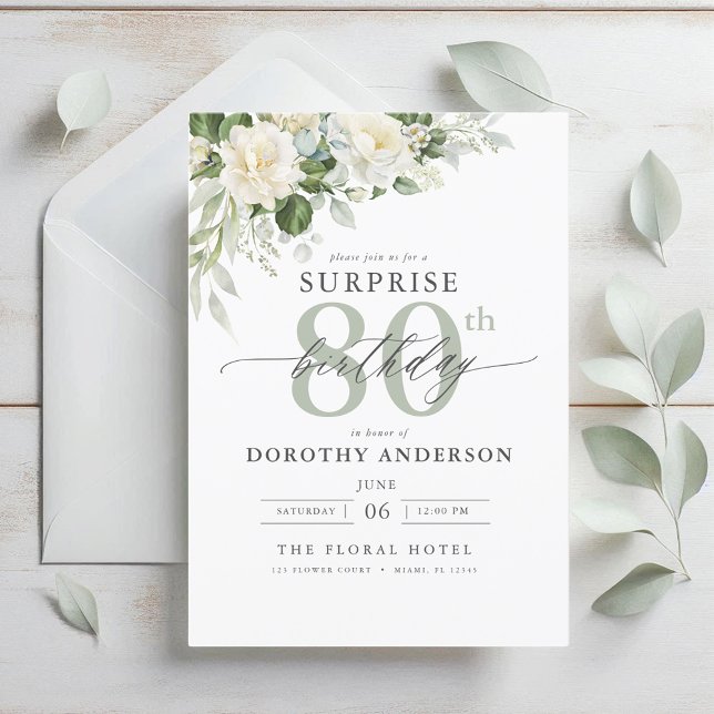 Elegant Grey Green Floral Surprise Birthday Invitation (Creator Uploaded)