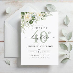 Elegant Grey Green Floral Surprise Birthday Invitation