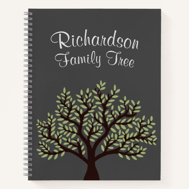 Elegant Grey Green Leaf Genealogy Family Tree Notebook (Front)