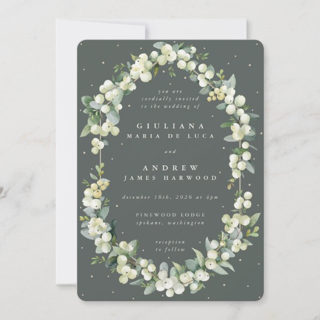 Elegant Grey Green Snowberry+Eucalyptus Wedding Invitation (Front)
