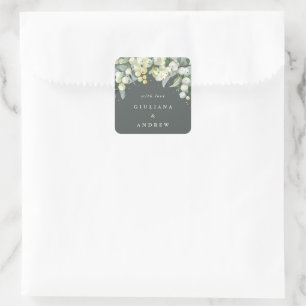 Elegant Grey Green Snowberry+Eucalyptus Wedding Square Sticker