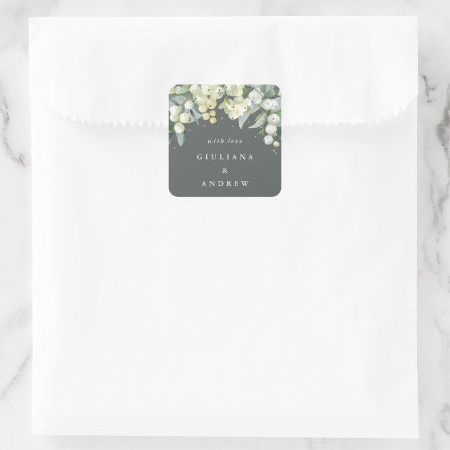 Elegant Grey Green Snowberry+Eucalyptus Wedding Square Sticker (Bag)