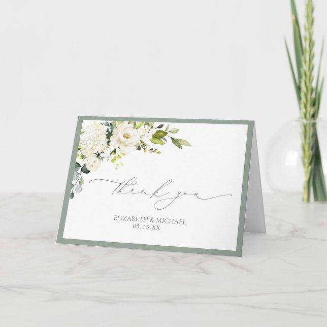 Elegant Grey Green Watercolor Floral Photo Wedding Card (Front)