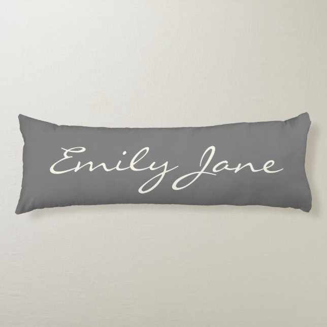 Elegant Grey Handwritten Script Name Custom Body Cushion (Front)