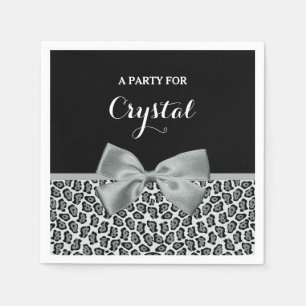 Elegant Grey Jaguar Print Pretty Name Silver Bow Napkin