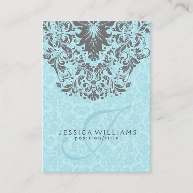 Elegant Grey Lace Baby Blue Damasks Background Business Card (Front)