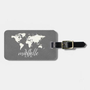Elegant Grey Leather Travel World - Map Aeroplane Luggage Tag
