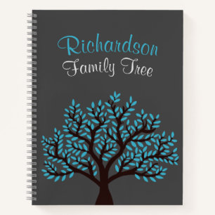 Elegant Grey Light Blue Leaf Family Tree Genealogy Notebook