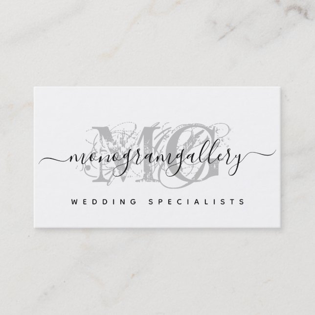 Elegant Grey Luxe Glam Script Monogram Business Card (Front)