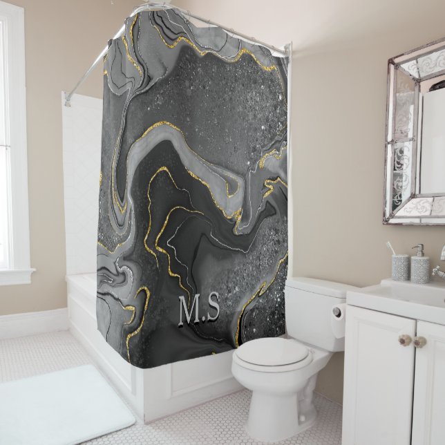 Elegant grey marble art faux gold glitter shower curtain (In Situ)