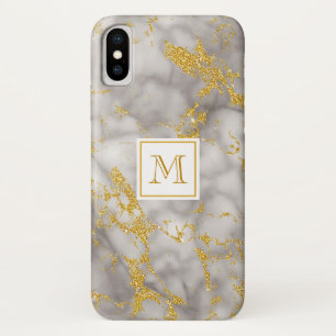 Elegant Grey Marble Monogram Faux Gold Glitter Case-Mate iPhone Case