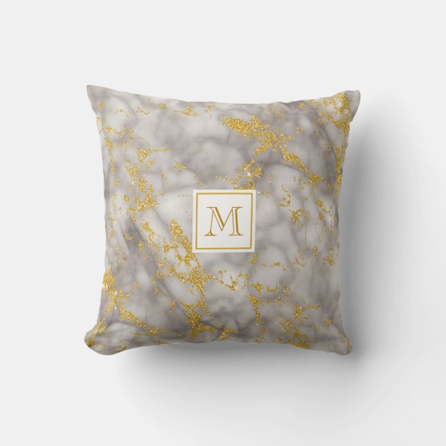 Elegant Grey Marble Monogram Faux Gold Glitter Cushion (Front)