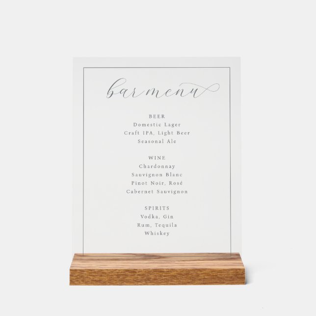 Elegant Grey Minimalist Bar Menu Acrylic Sign (Front)