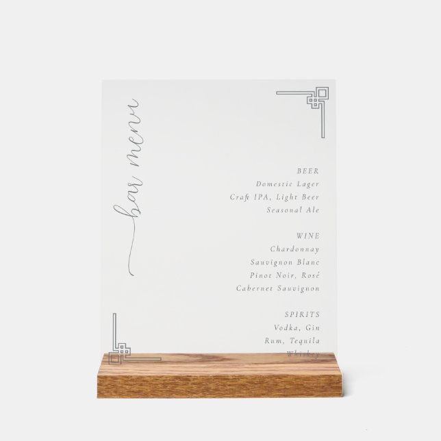 Elegant Grey Minimalist Bar Menu Acrylic Sign (Front)