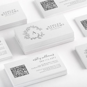 Elegant Grey Monogram Floral Crest QR Code Business Card
