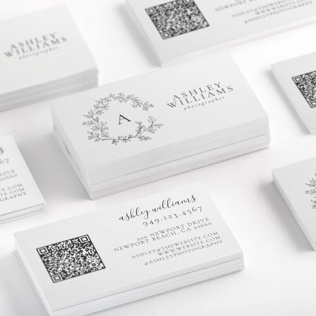 Elegant Grey Monogram Floral Crest QR Code Business Card (Creator Uploaded)