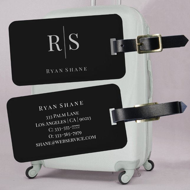 Elegant Grey Monogram, Name & Info, Black Luggage Tag (Creator Uploaded)