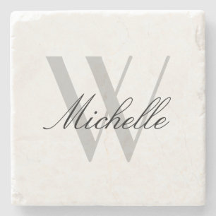 Elegant Grey Monogram Stylish Script Name Stone Coaster