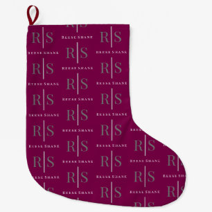 Elegant Grey Monogram & White Name, Maroon Large Christmas Stocking