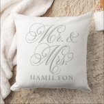 Elegant Grey Mr and Mrs Script Custom Monogram Cushion<br><div class="desc">Elegant square accent pillow for happy couples and newlyweds features a pewter grey script Mr. and Mrs. design with custom monogram text that can be personalised with the married last name. The white background colour can be customised to coordinate with your home or bedroom decor colours.</div>