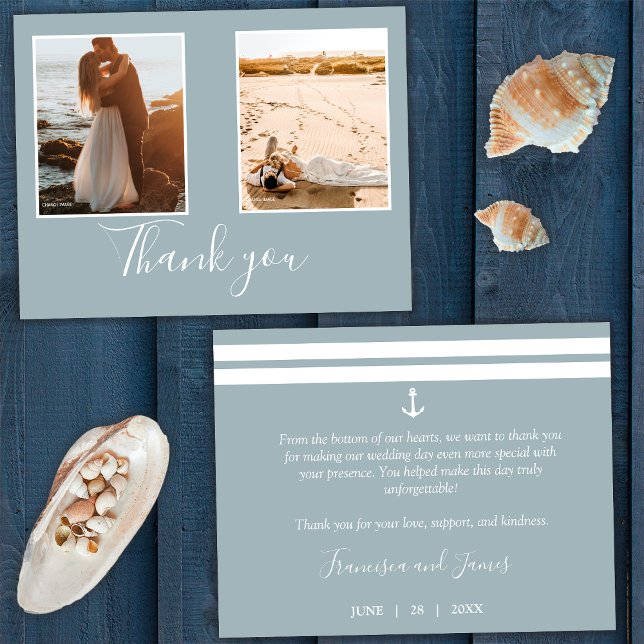 Elegant Grey Nautical Anchor Wedding Photo Thank You Card (Front and Back)