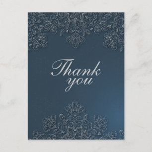 Elegant grey navy floral swirls wedding thank you postcard