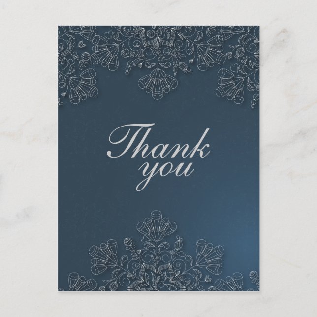 Elegant grey navy floral swirls wedding thank you postcard (Front)