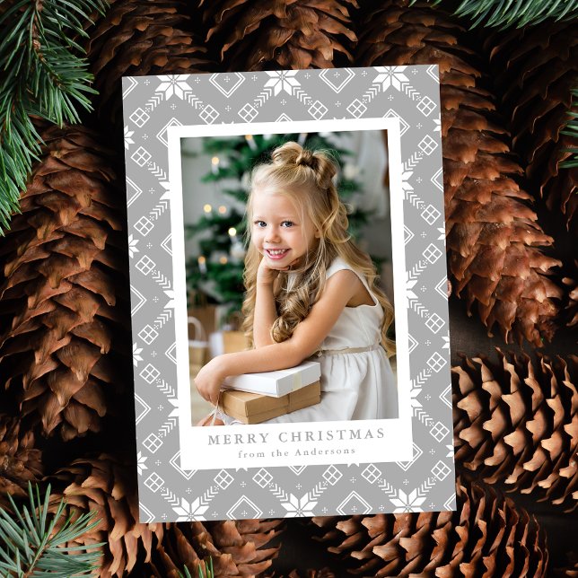 Elegant Grey Nordic Snowflake Pattern Photo Holiday Card (Creator Uploaded)