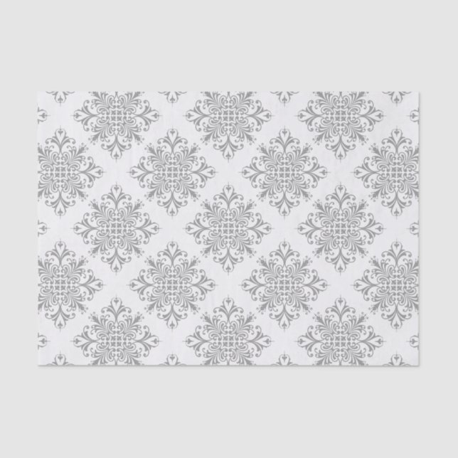 Elegant Grey on White Damask Tissue Paper (Front)