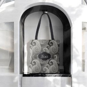 Elegant Grey Paisley Monogrammed Tote Bag