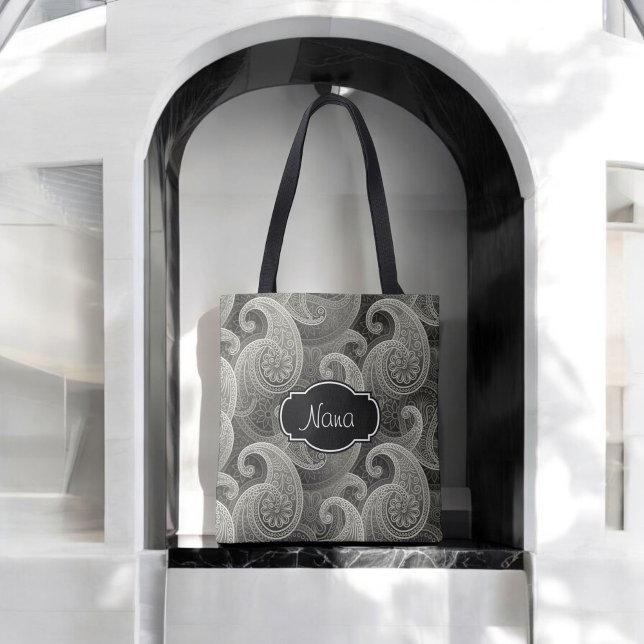 Elegant Grey Paisley Monogrammed Tote Bag (A thoughtful gift for Nana, this elegant tote can be personalized with a name or other text.)