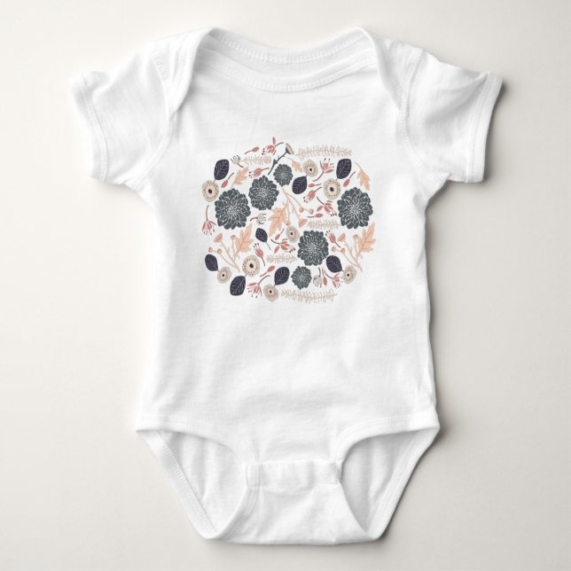 Elegant Grey Peach Floral Design Baby Bodysuit (Front)