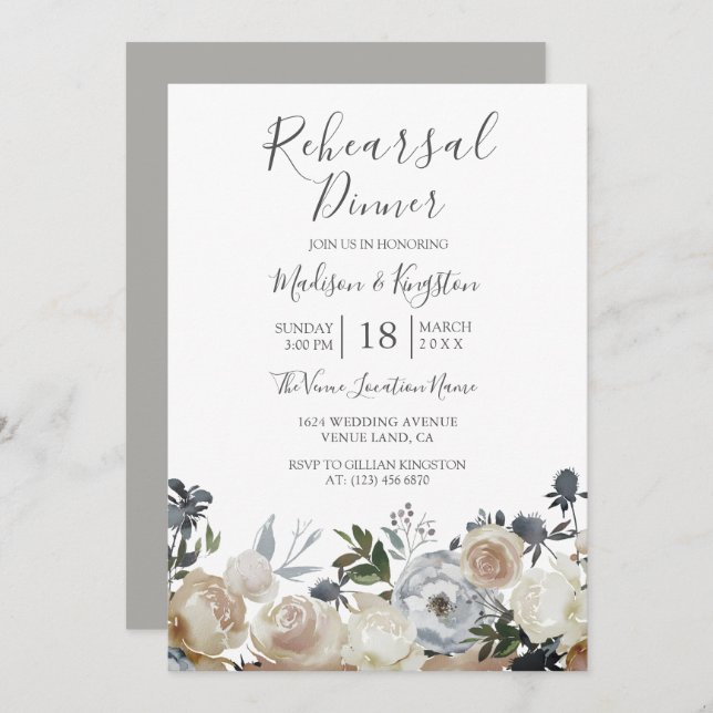 Elegant Grey & Peach Rehearsal Dinner Invite (Front/Back)