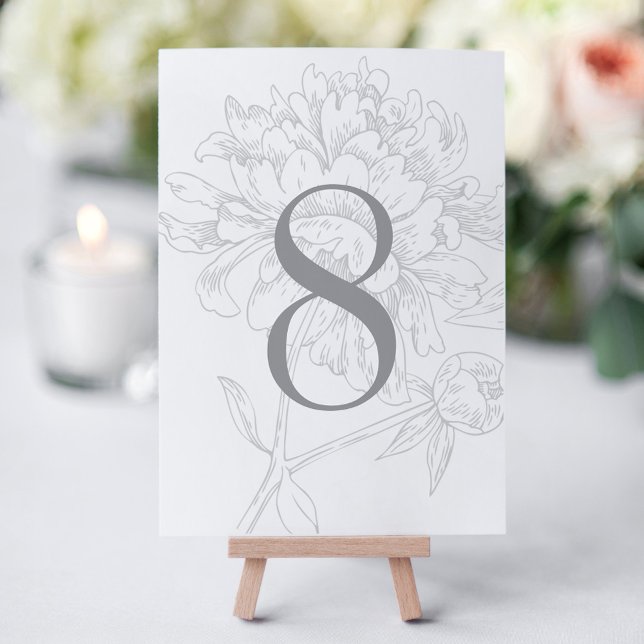 Elegant Grey Peony Floral Table Number Card (Creator Uploaded)