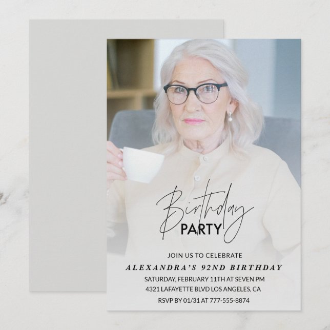 Elegant Grey Photo 92nd birthday party Invitation (Front/Back)
