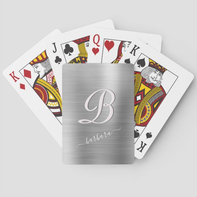 Elegant Grey Pink Brushed Metal Monogram Name  Playing Cards (Back)