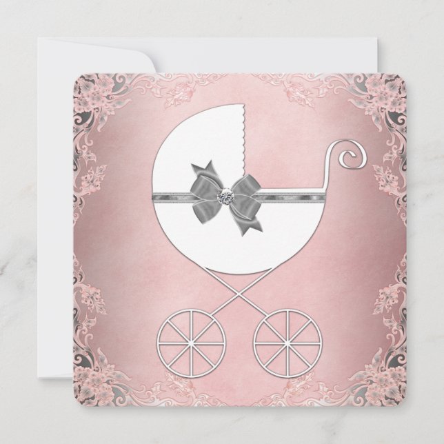 Elegant Grey Pink Lace Baby Girl Shower Invitation (Front)