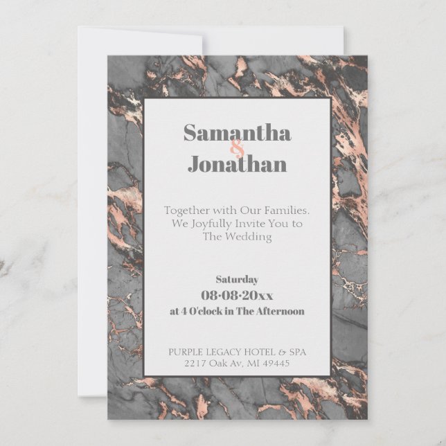 Elegant Grey Pink Marble Wedding Invitation (Front)
