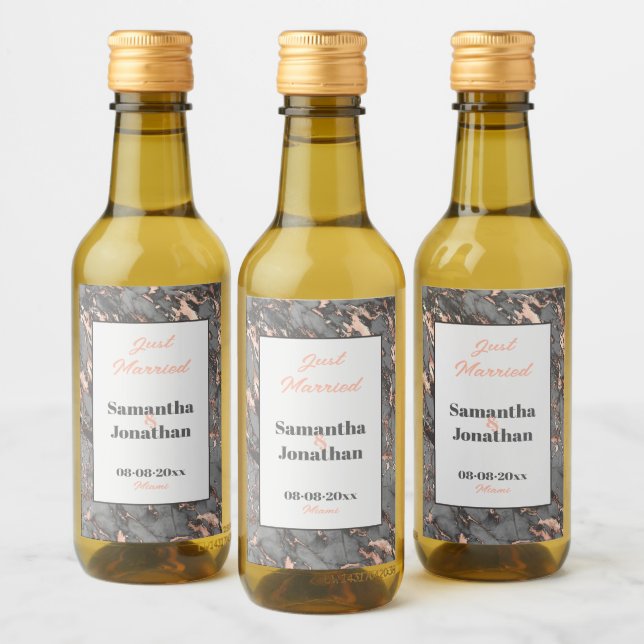 Elegant Grey Pink Marble Wedding Wine Label (Bottles)