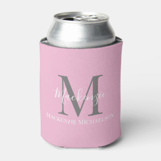 Elegant Grey Pink Personalised Monogram Name Can Cooler