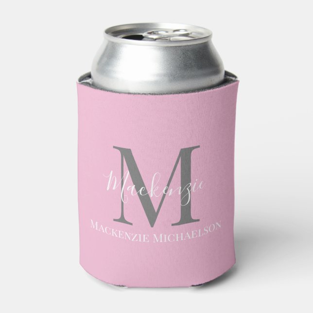 Elegant Grey Pink Personalised Monogram Name  Can Cooler (Can Front)