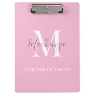 Elegant Grey Pink Personalised Monogram Name Clipboard