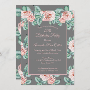 Elegant grey Pink rose floral Birthday Party Invitation