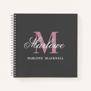 Elegant Grey Pink White Monogram Calligraphy Notebook