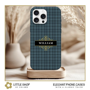 Elegant Grey Plaid Gold Monogram iPhone 15 Case