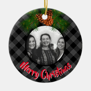 Elegant  grey plaid pinecone photo template ceramic tree decoration