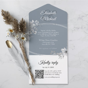 Elegant Grey QR Code Monogram Wedding RSVP All In One Invitation