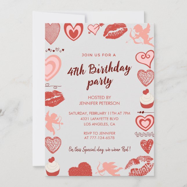Elegant Grey Red Hearts 47th birthday invitations  (Front)