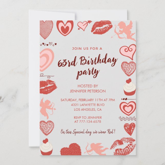 Elegant Grey Red Hearts 63rd birthday invitations  (Front)