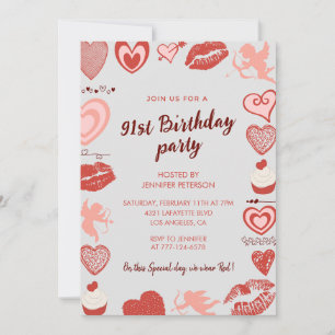 Elegant Grey Red Hearts 91st birthday invitations